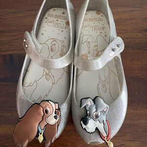 Mini Melissa Silver Kids Shoes with Lady and the Tramp Design